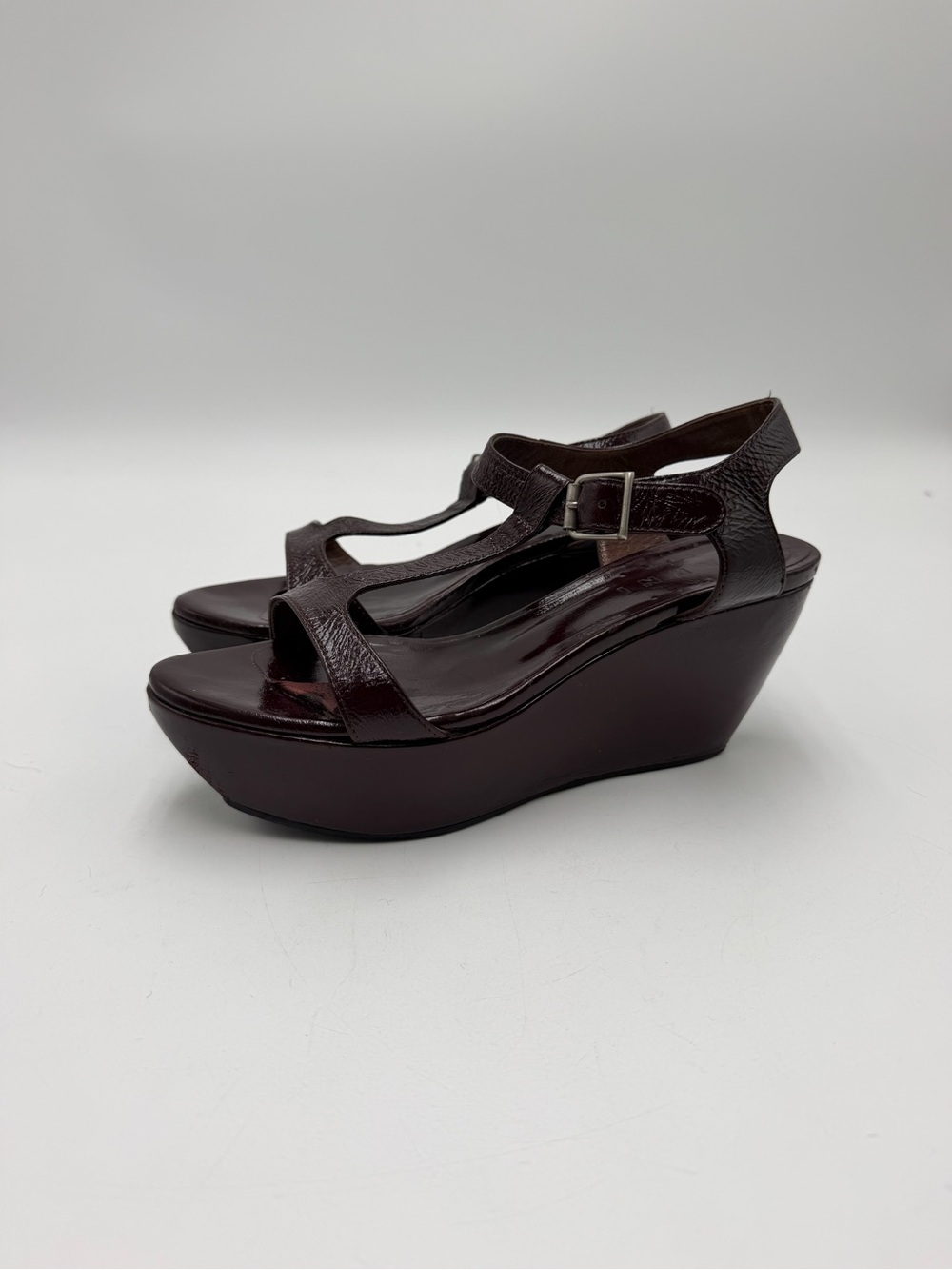 MARNI Italy Patent Leather Platform Wedge Sandals Burgundy Brown 36 Y2K